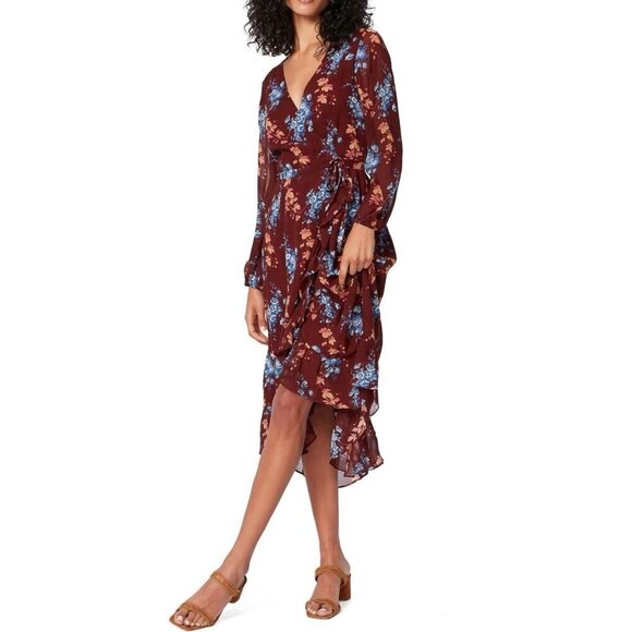 Paige 100% Silk Floral Wrap Dress Cherry Wood Multiple Color Women's Sz Medium - Picture 1 of 16